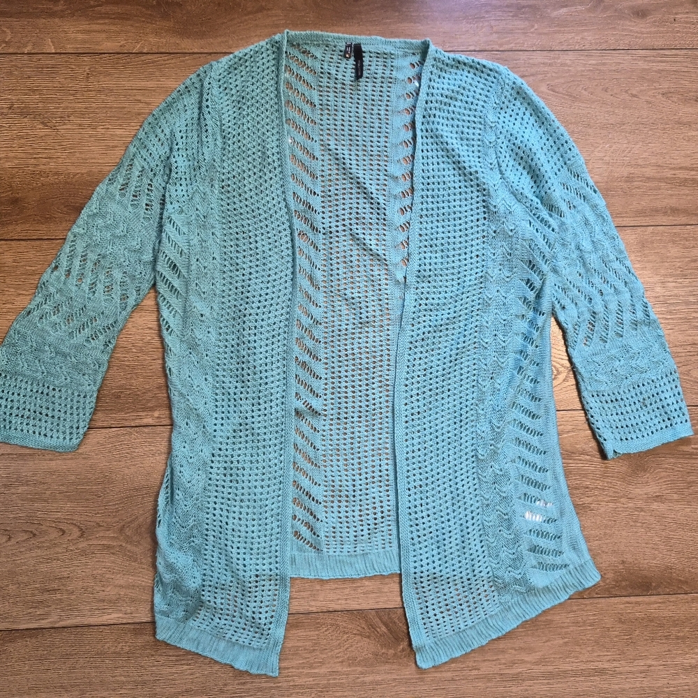 MAURUICES Women's Open Knit Cardigan Sweater Blue XL